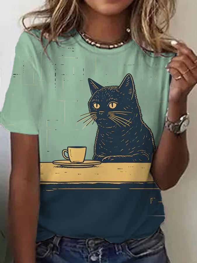 Women's Black Cat Chilling Coffee Art Print Casual T-Shirt