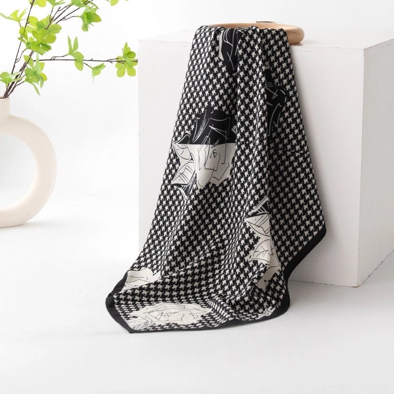 Women's Retro Plaid Flower Satin Silk Scarf