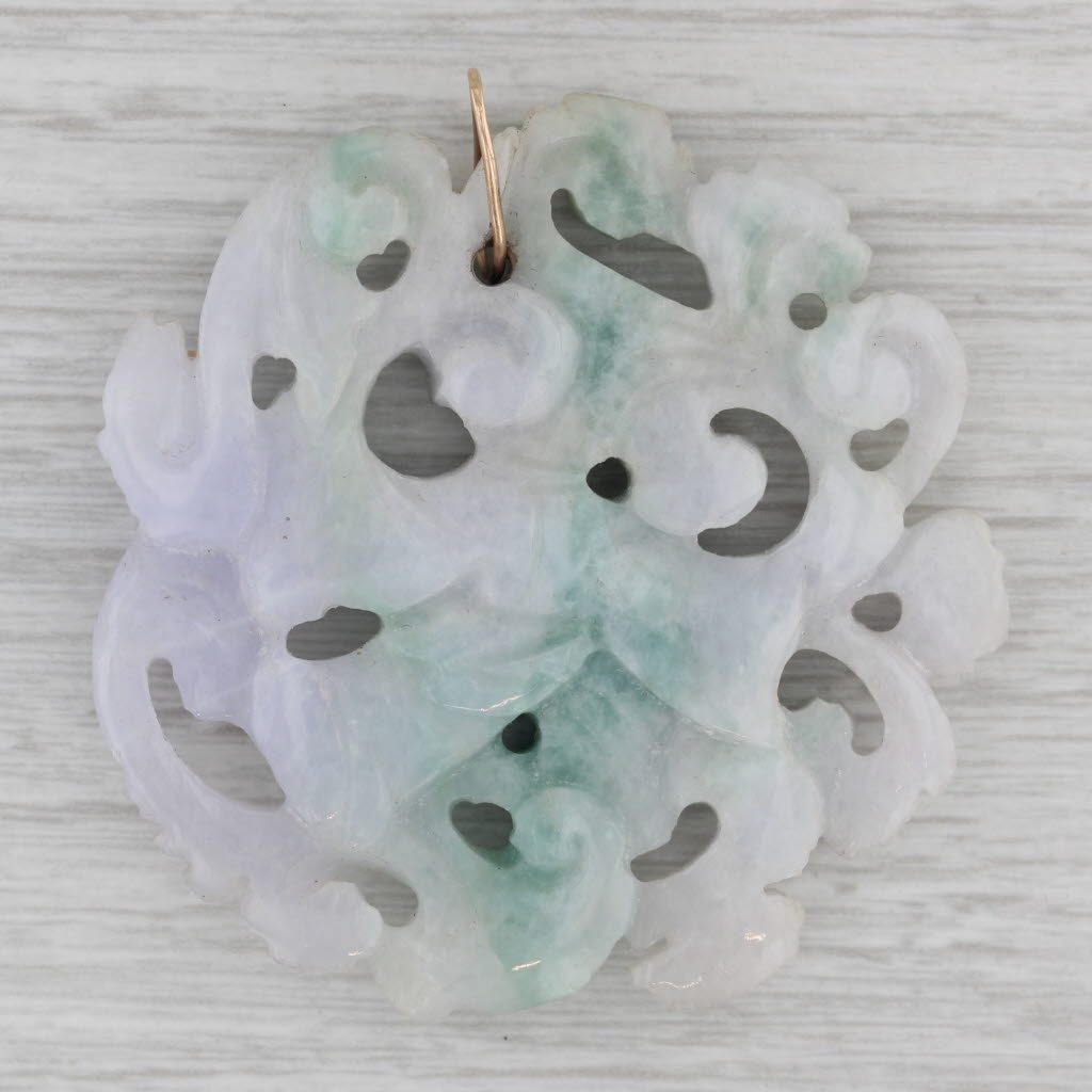 Figural Carved Green Jadeite Jade Pendant 14k Gold Medallion Asian Jewelry