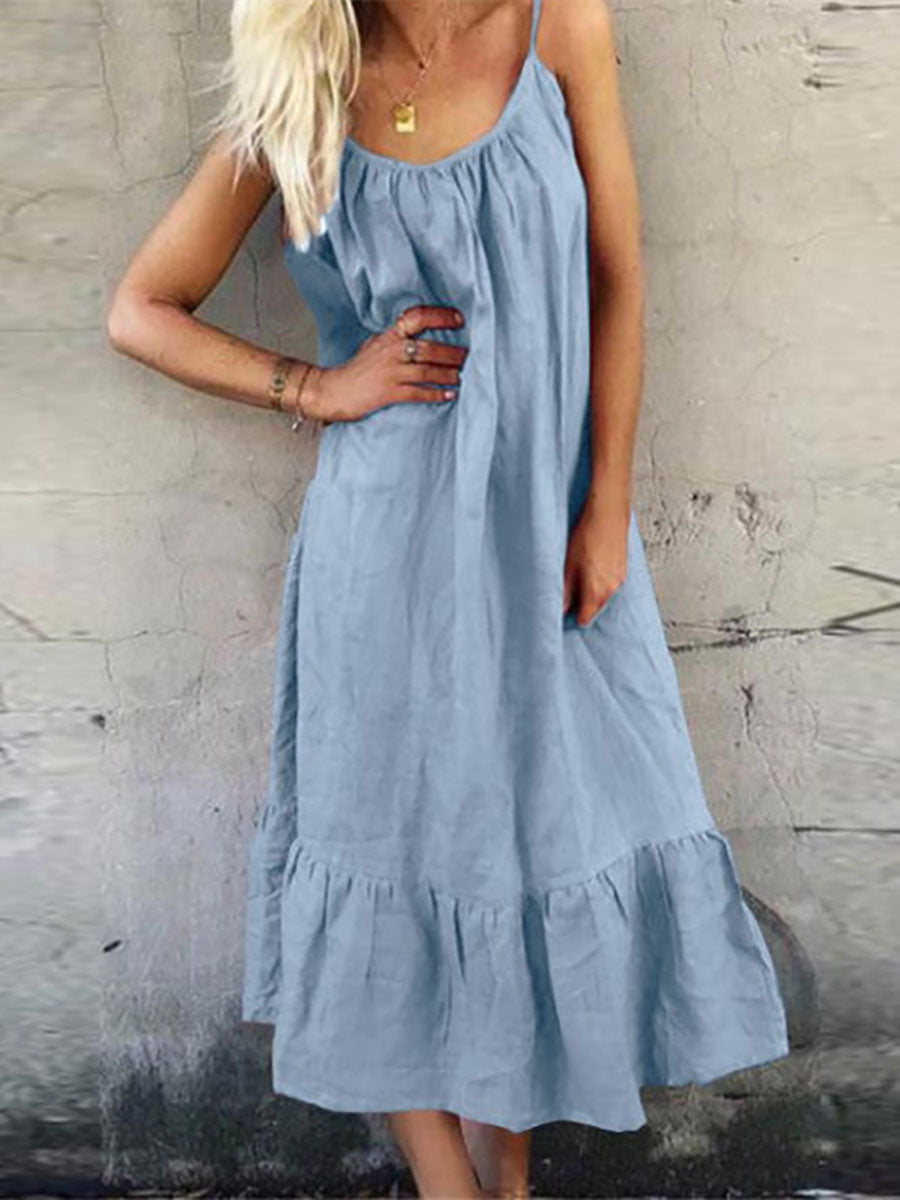 Cotton Linen Halter Solid Color Ruffle Dress