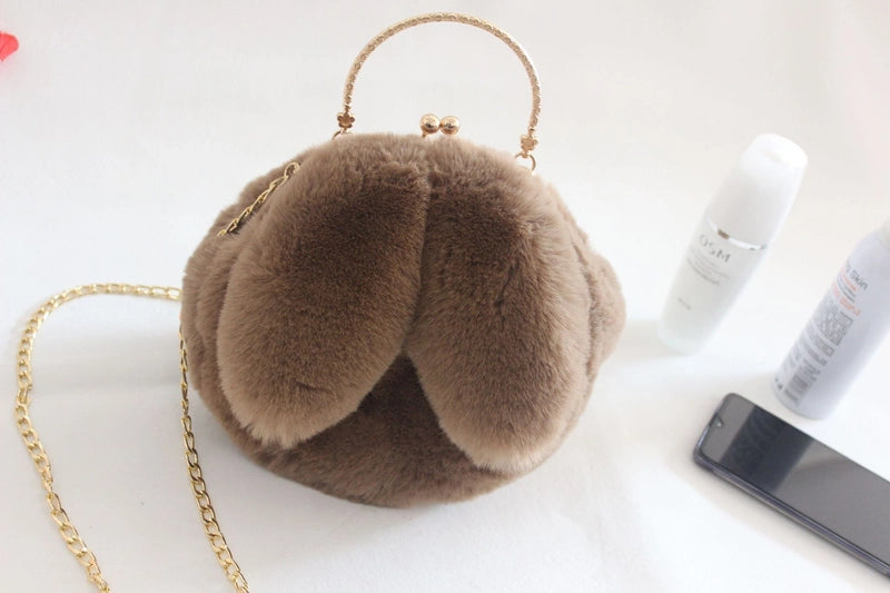 Women's Plush Rabbit Solid Color Cute Round Lock Clasp Handbag Crossbody Bag
