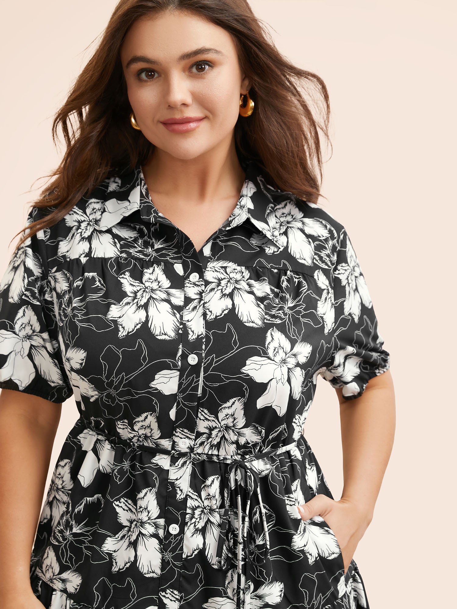 Floral Shirt Collar Belted Midi Dress