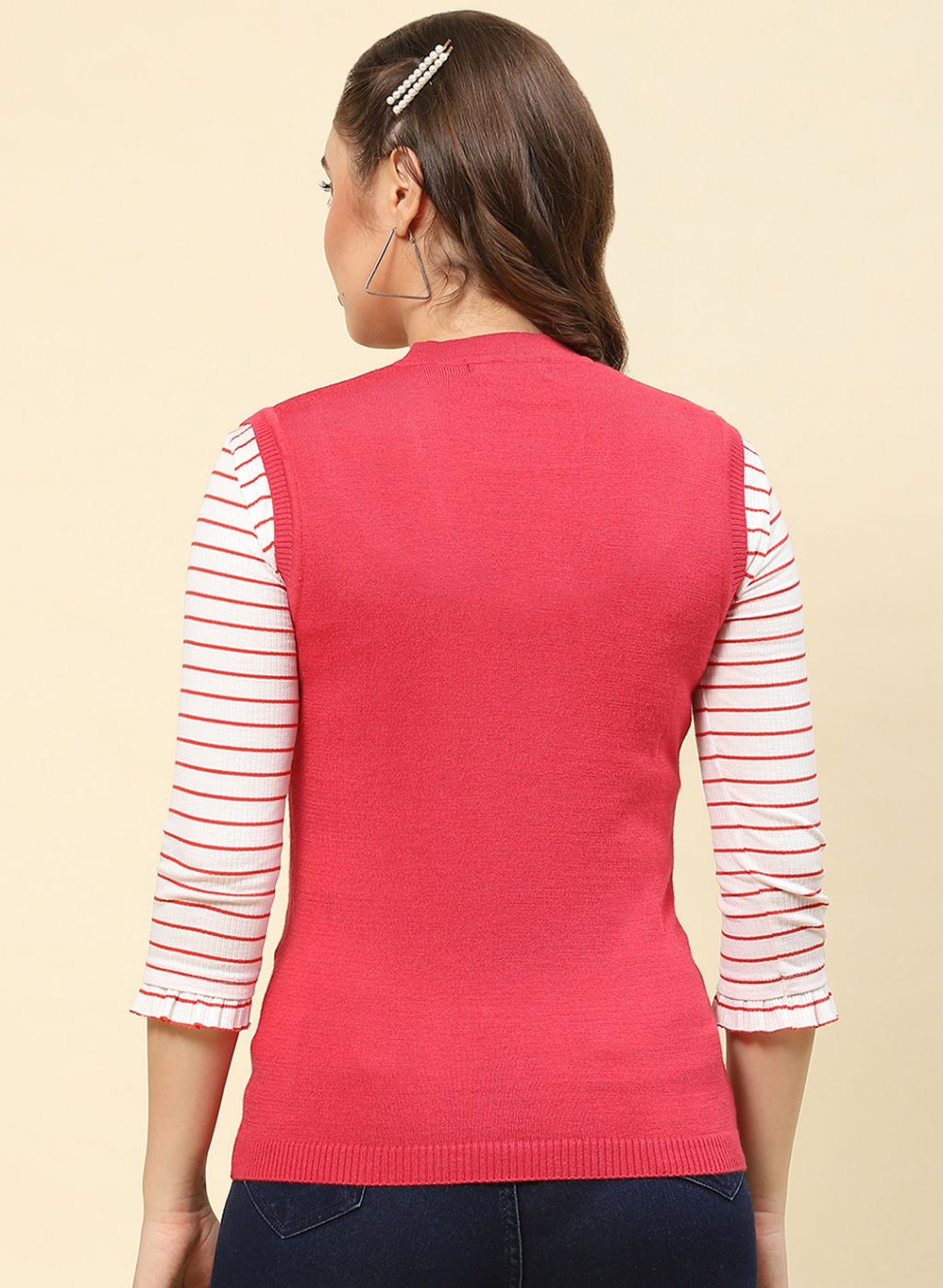 Women Red Solid Modal Nylone Cardigan