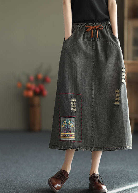 Fashion Black Side Open Embroidered Pockets Cotton Denim Ripped Skirt Summer