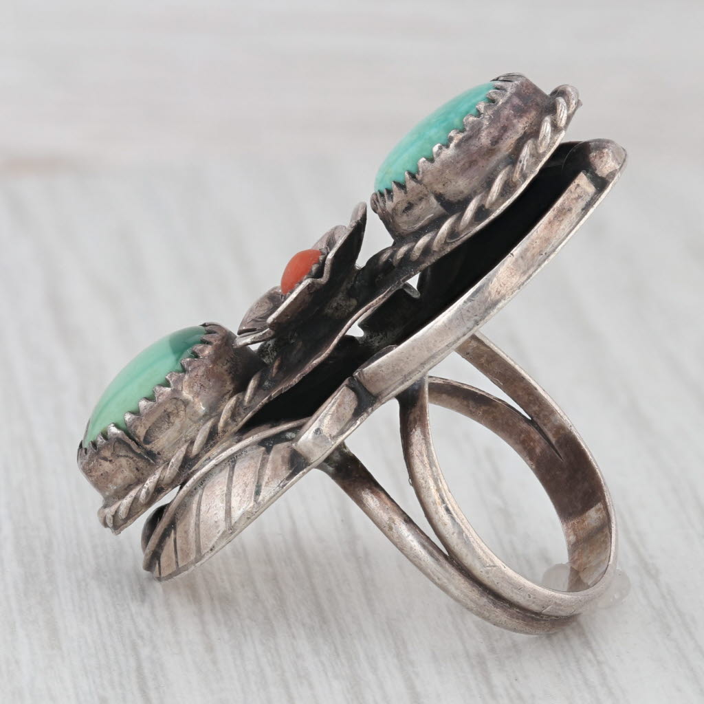 Vintage Native American Turquoise Coral Ring Sterling Silver Sz 8.5 Floral AS IS