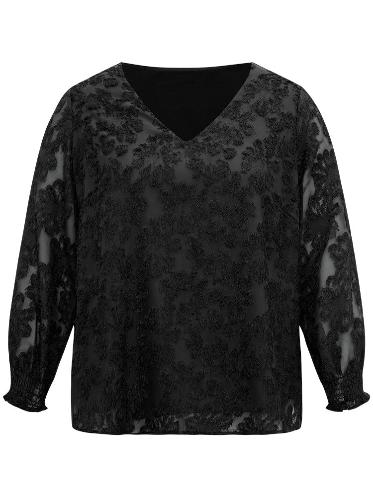 Plain Appliques Mesh V Neck Shirred Blouse