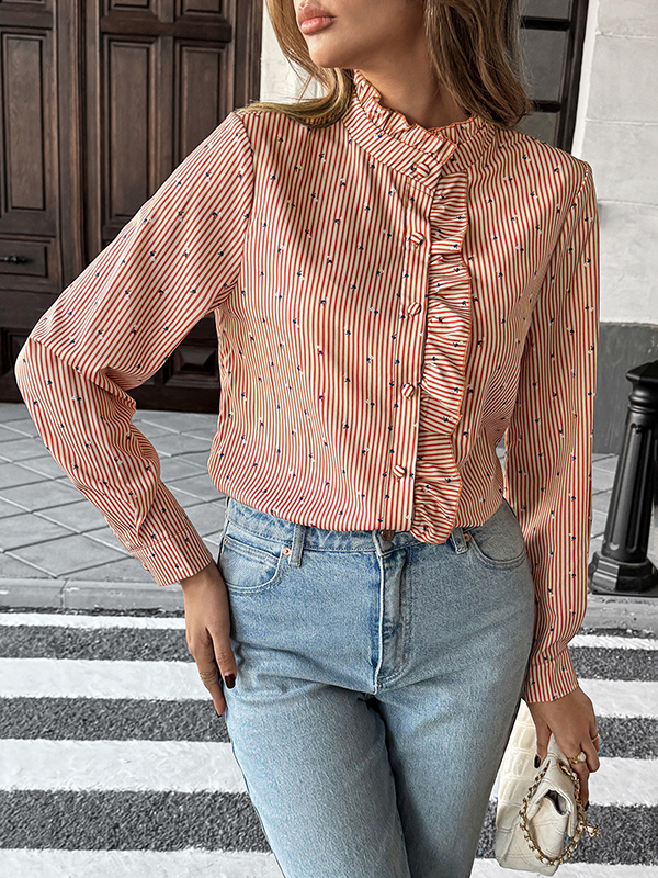 Long Sleeves Loose Buttoned Ruffle Trim Striped Mock Neck Blouses&Shirts Tops