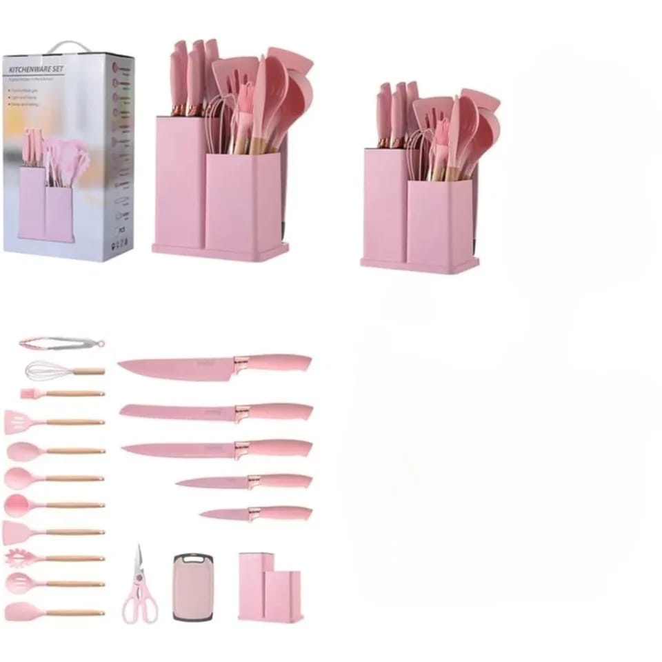 19 PCs Silicon Cooking & Knife Set With Board-13941Solid Pink