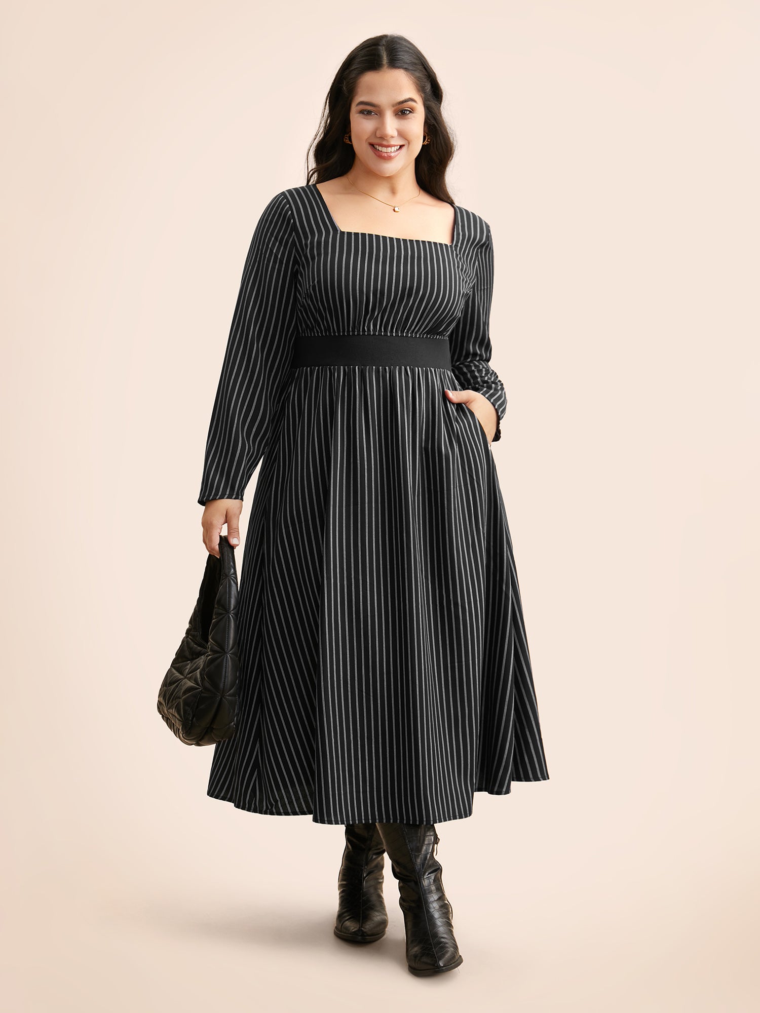 Square Neck Striped Patchwork Midi Dress