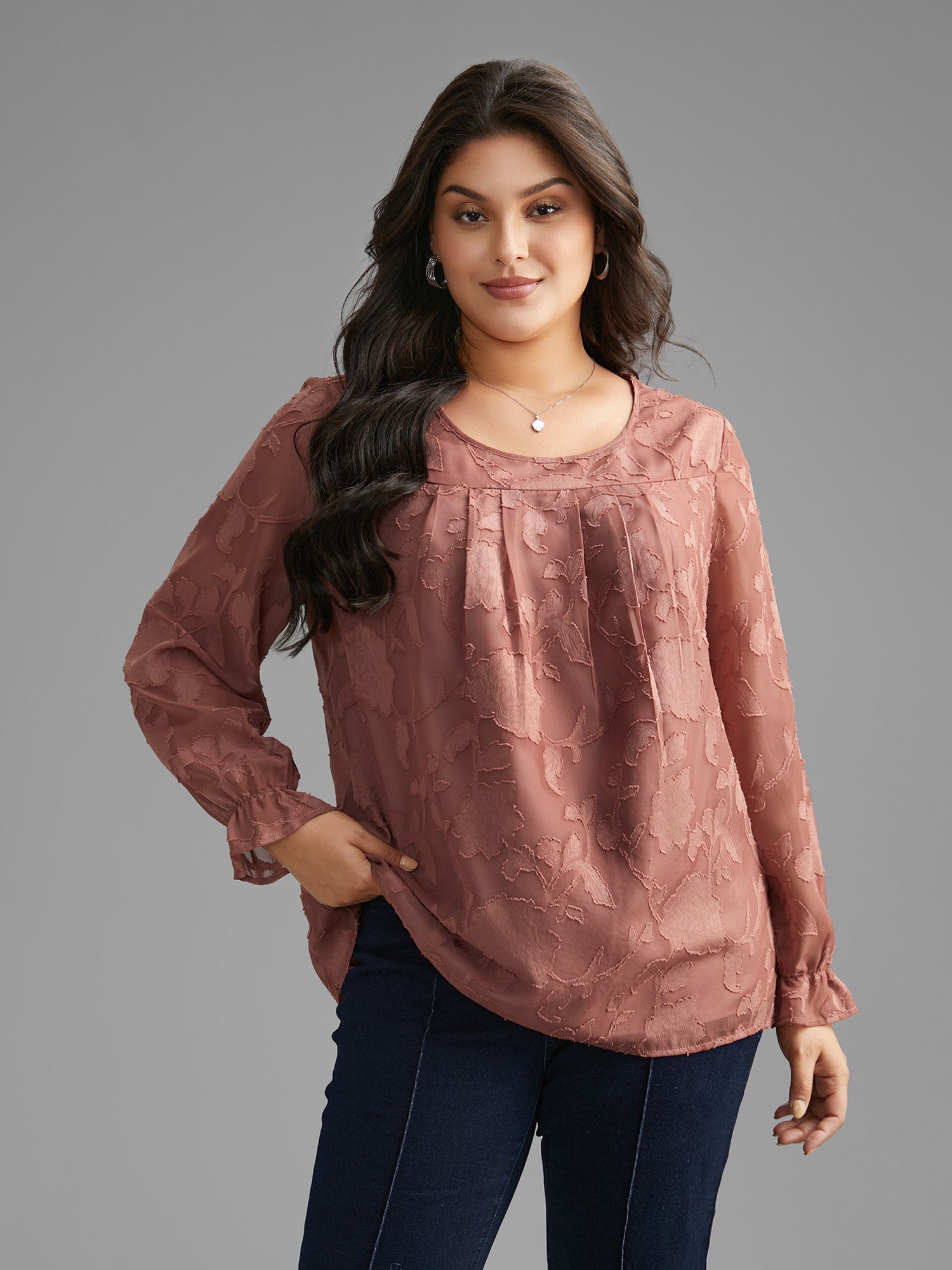 Silhouette Floral Textured Lantern Sleeve Blouse