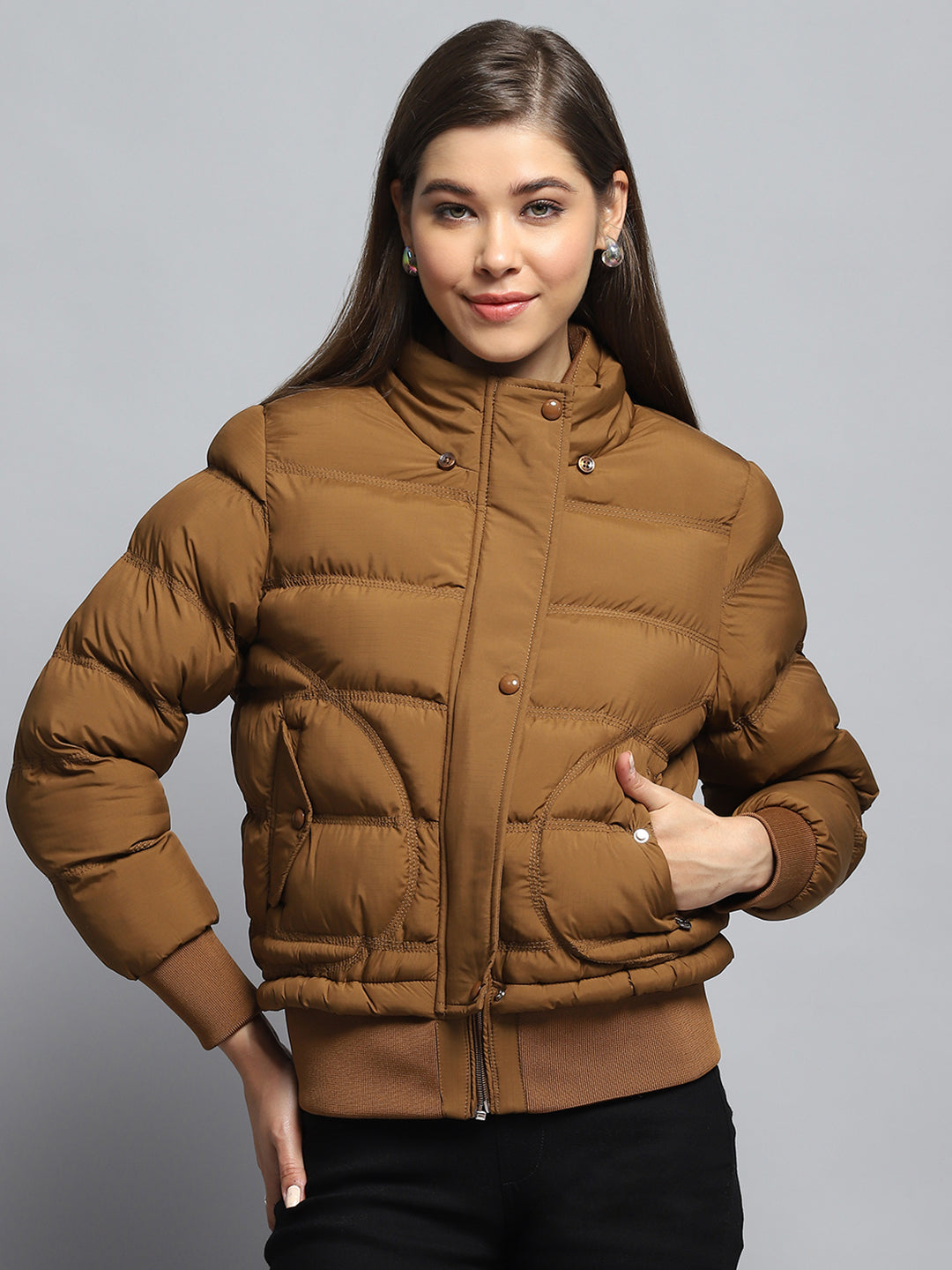 Women Tan Self Design Collar Full Sleeve Jacket