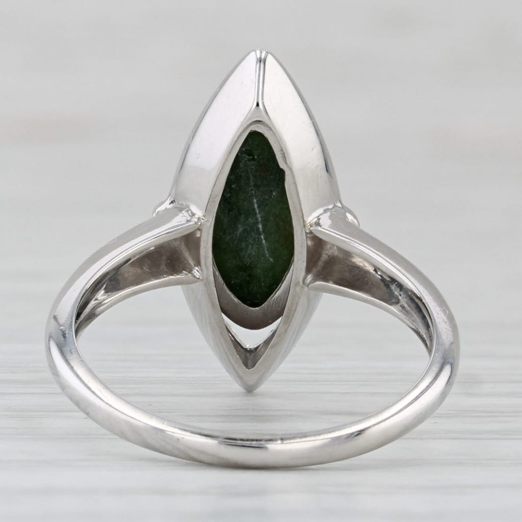 Nephrite Jade Navette Cabochon Solitaire Ring 10k White Gold Size 4.5