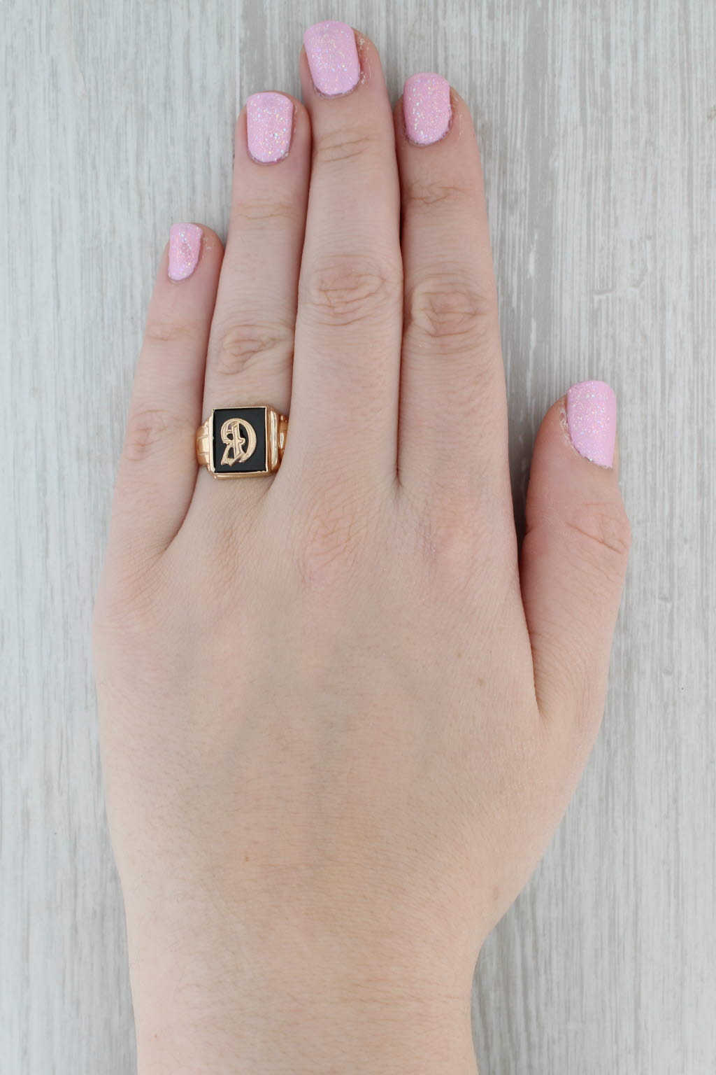 Black Glass Old English Letter G Signet Ring 10k Yellow Gold Size 10 Men's