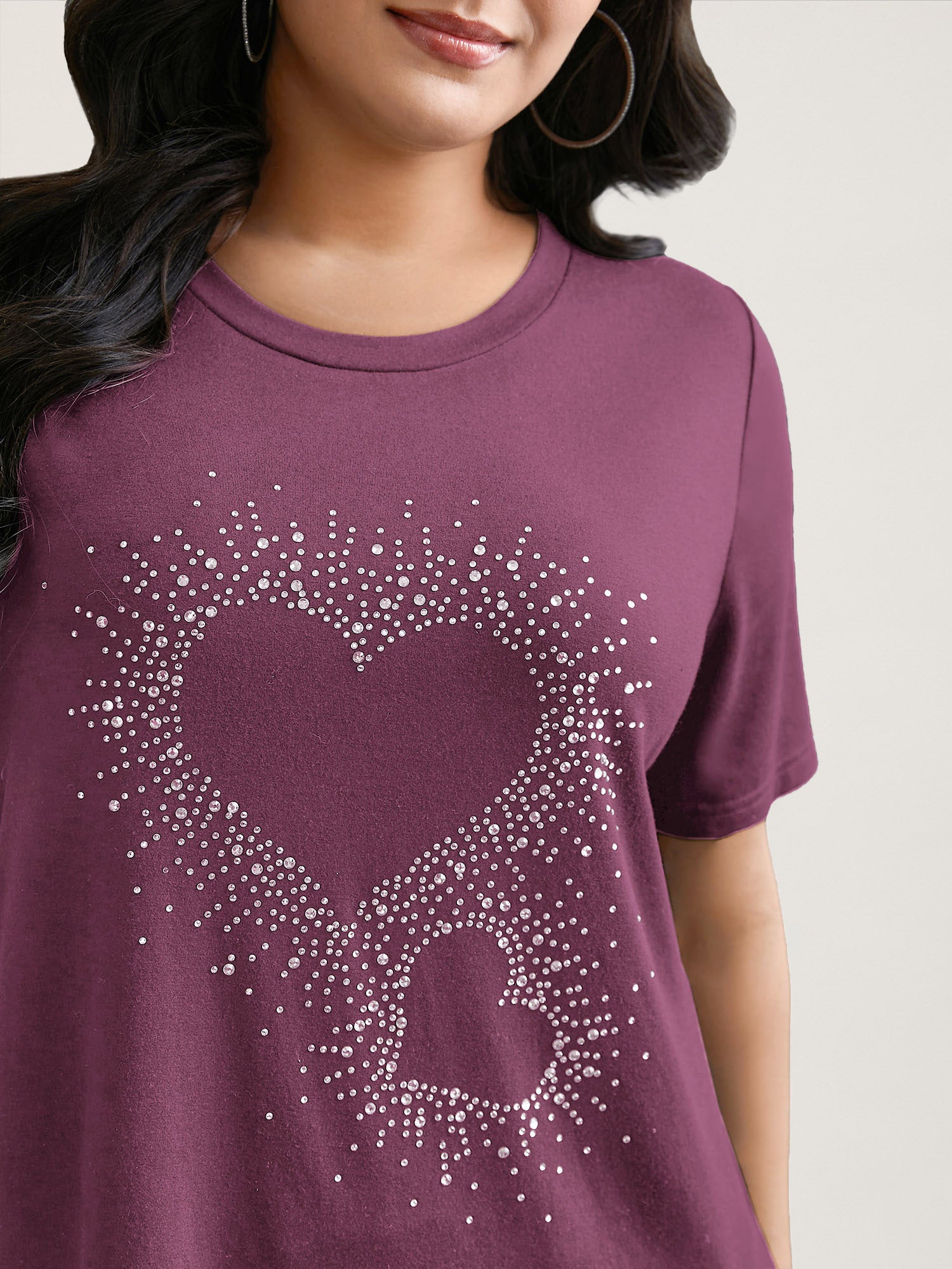Crew Neck Rhinestone Heart T-Shirt