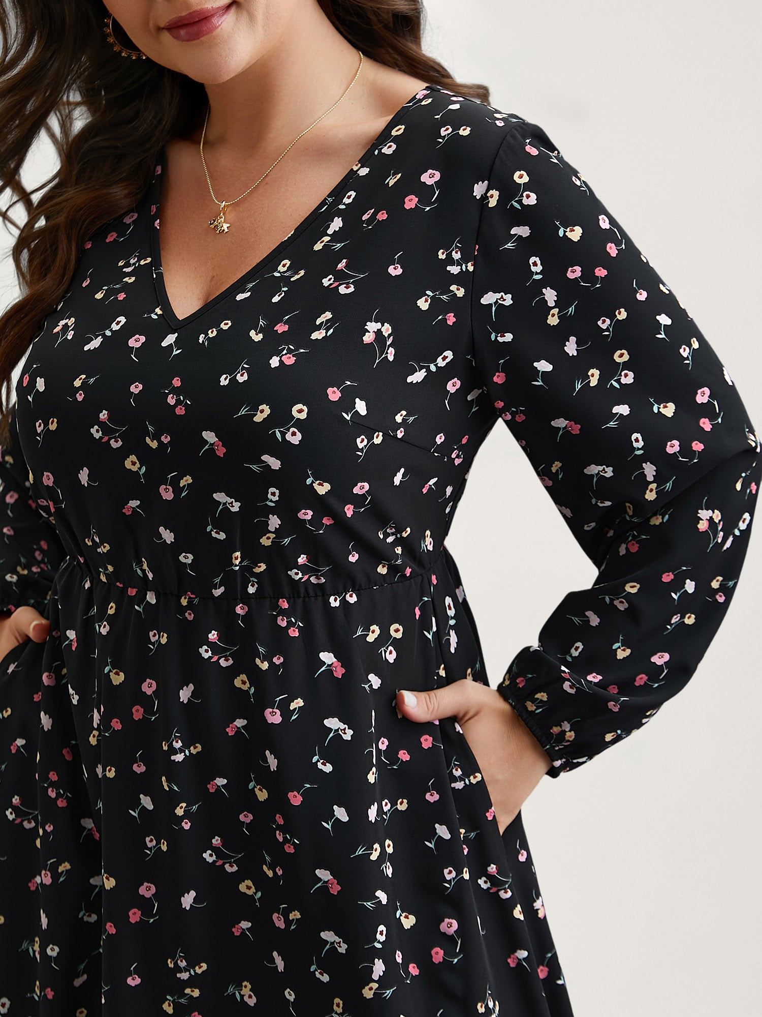 Floral Print V-Neck Waist-Defined Midi Dress
