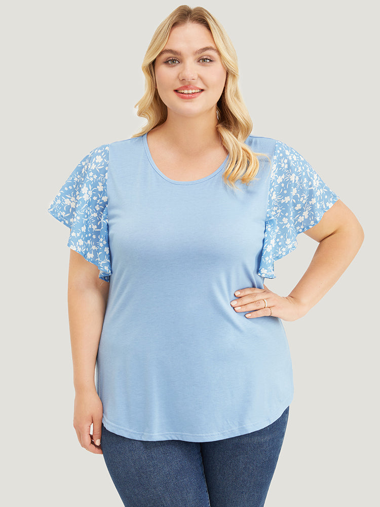 Ditsy Floral Ruffle Sleeve Round Neck T-Shirt