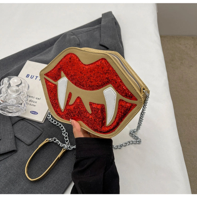 Women's Small Pu Leather Lips Streetwear Square Zipper Crossbody Bag