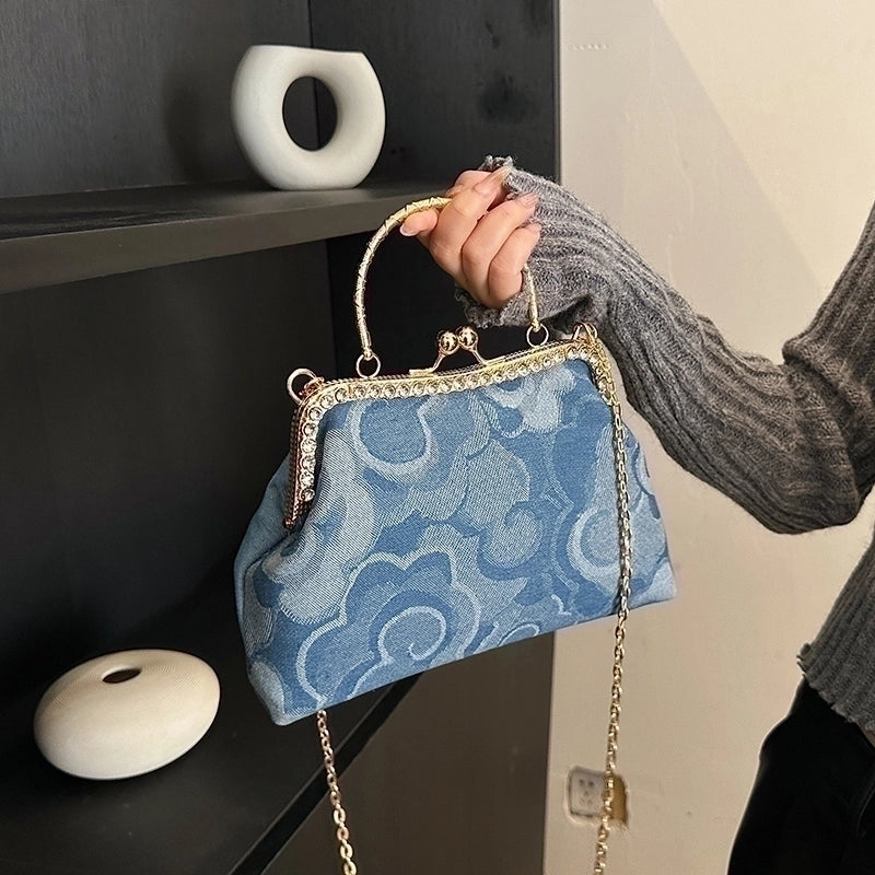 Women's Denim Flower Classic Style Sewing Thread Shell Clasp Frame Handbag