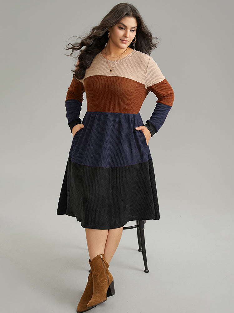 Colorblock Rib Knit Pocket Patchwork Dress