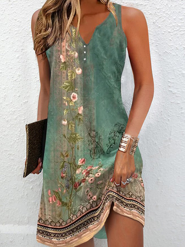 Loose Plus Size Floral Printed Split-Joint V-Neck Mini Dresses