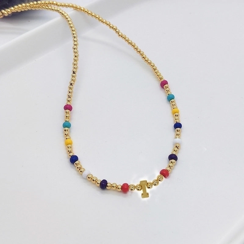 Ig Style Minimalist Letter Glass Copper Beaded Knitting Plating 18k Gold Plated Necklace