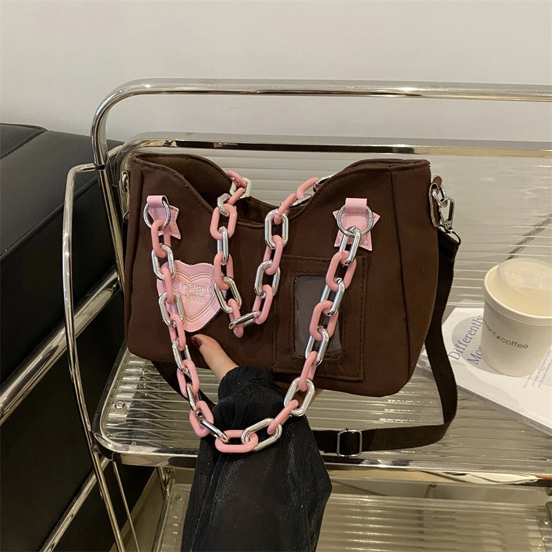 3 Pieces Women'S Canvas Letter Color Block Heart Shape Streetwear Chain Square Zipper Shoulder Bag Crossbody Bag