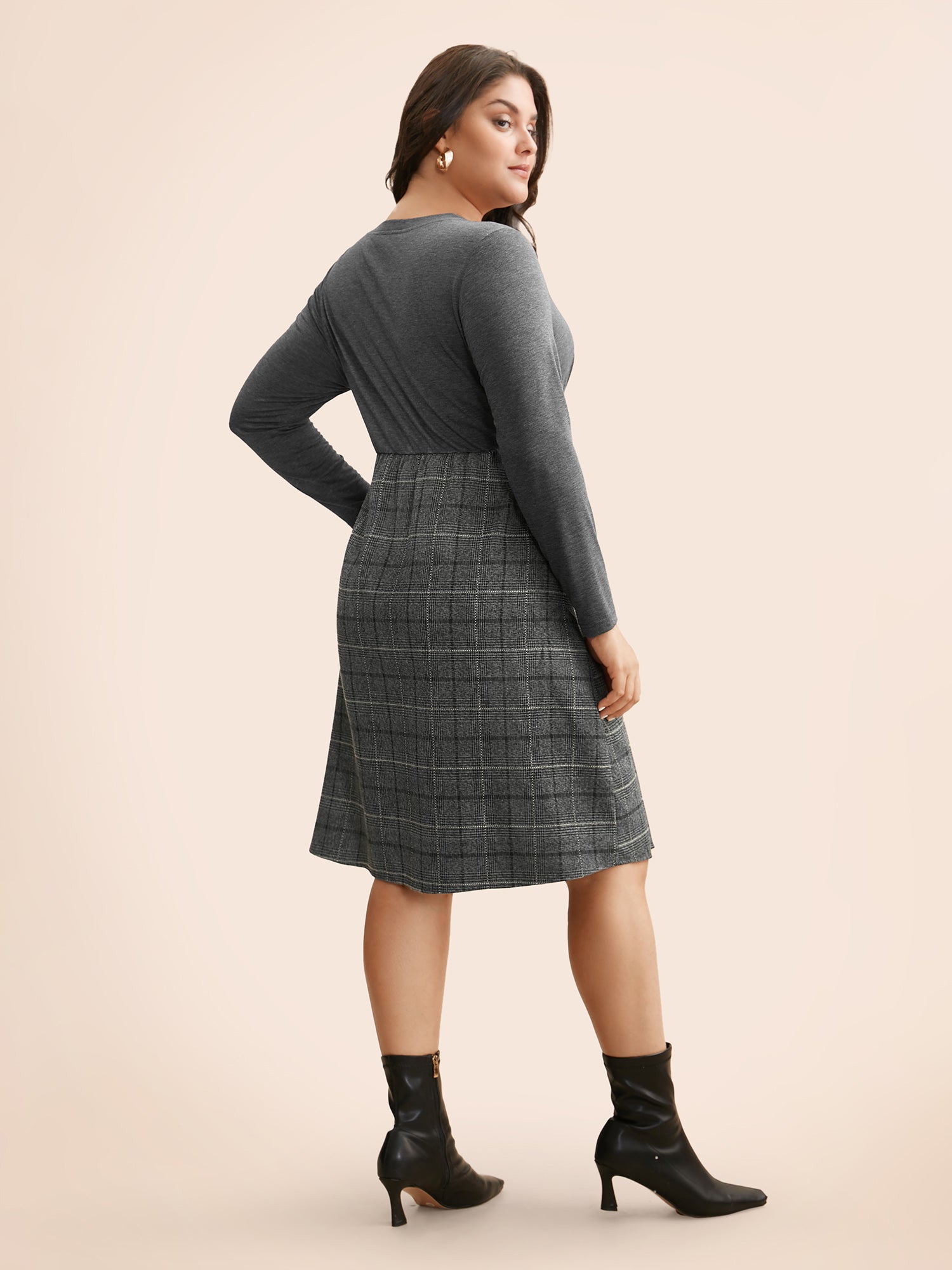 Plaid Patchwork Buckle Detail Pleated Dress