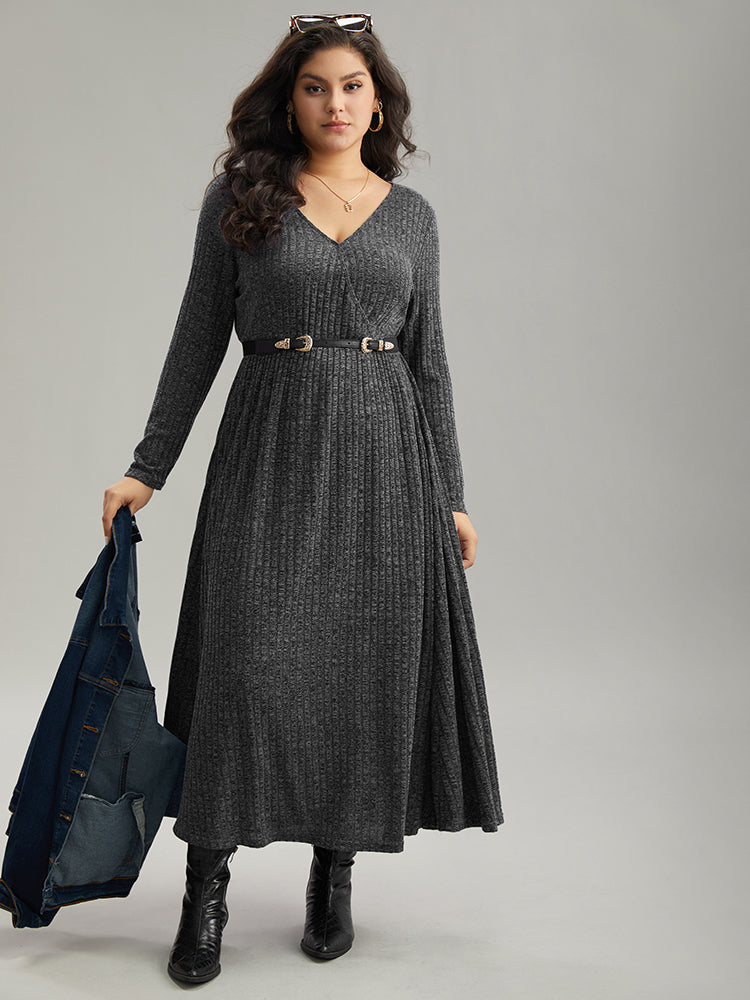 Solid Rib Knit Overlap Collar Pocket Dress