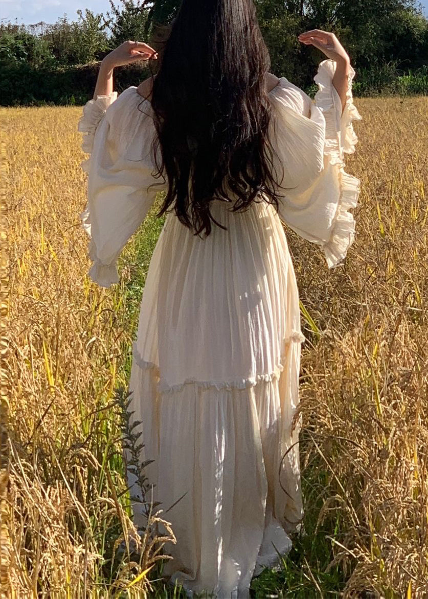 Elegant White Ruffled High Waist Cotton Maxi Dress Flare Sleeve