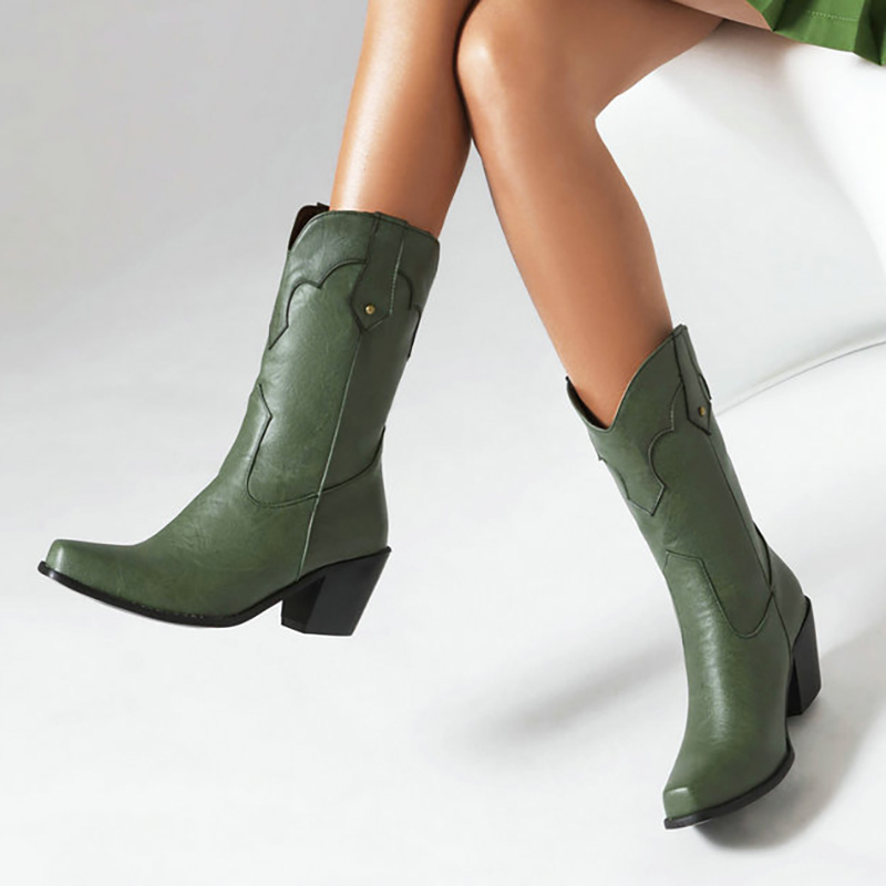 Retro Stitching V Groove Chunky Heels Western Boots