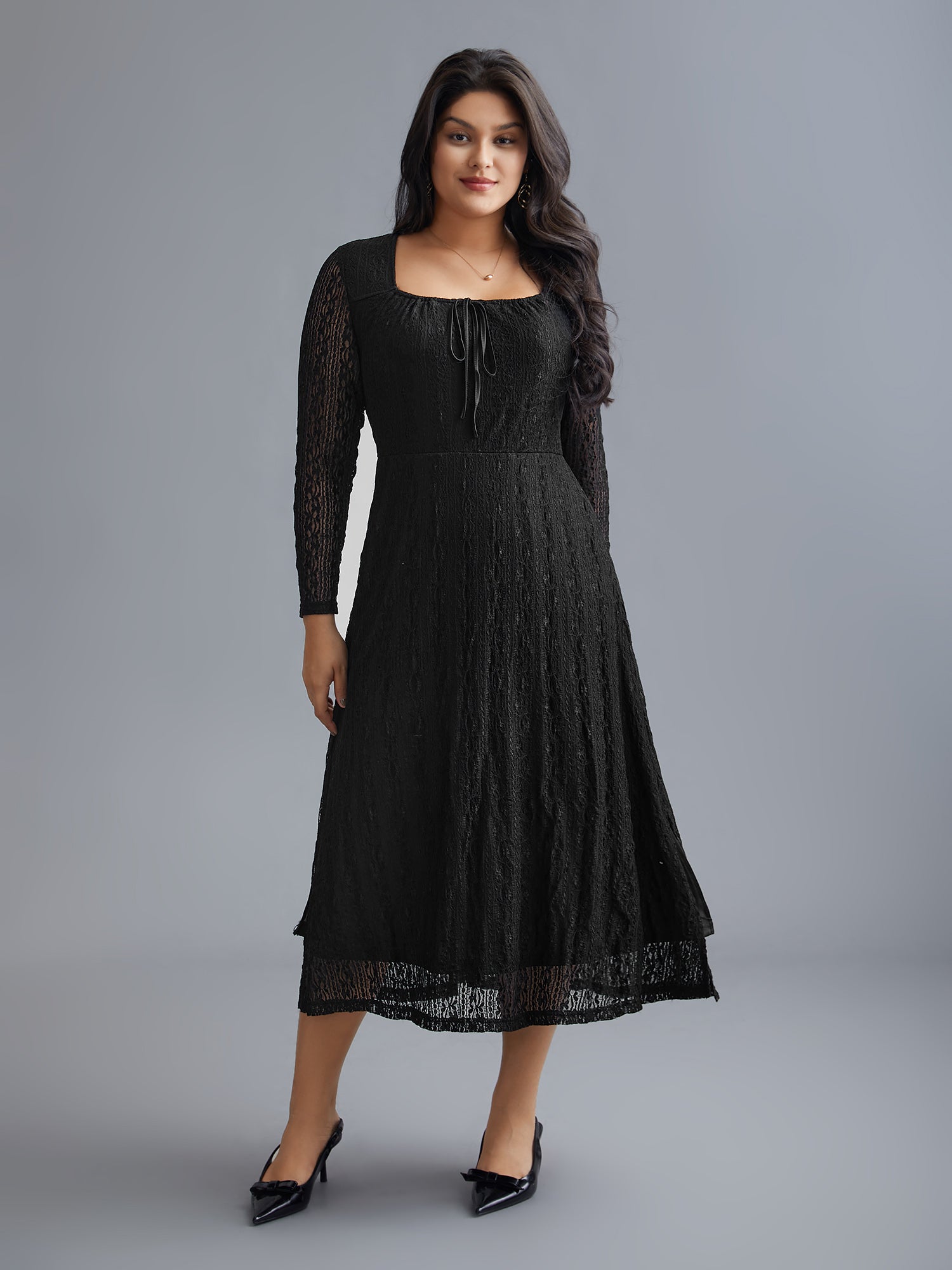 Lace Panel Square Neck Tie Knot Dress