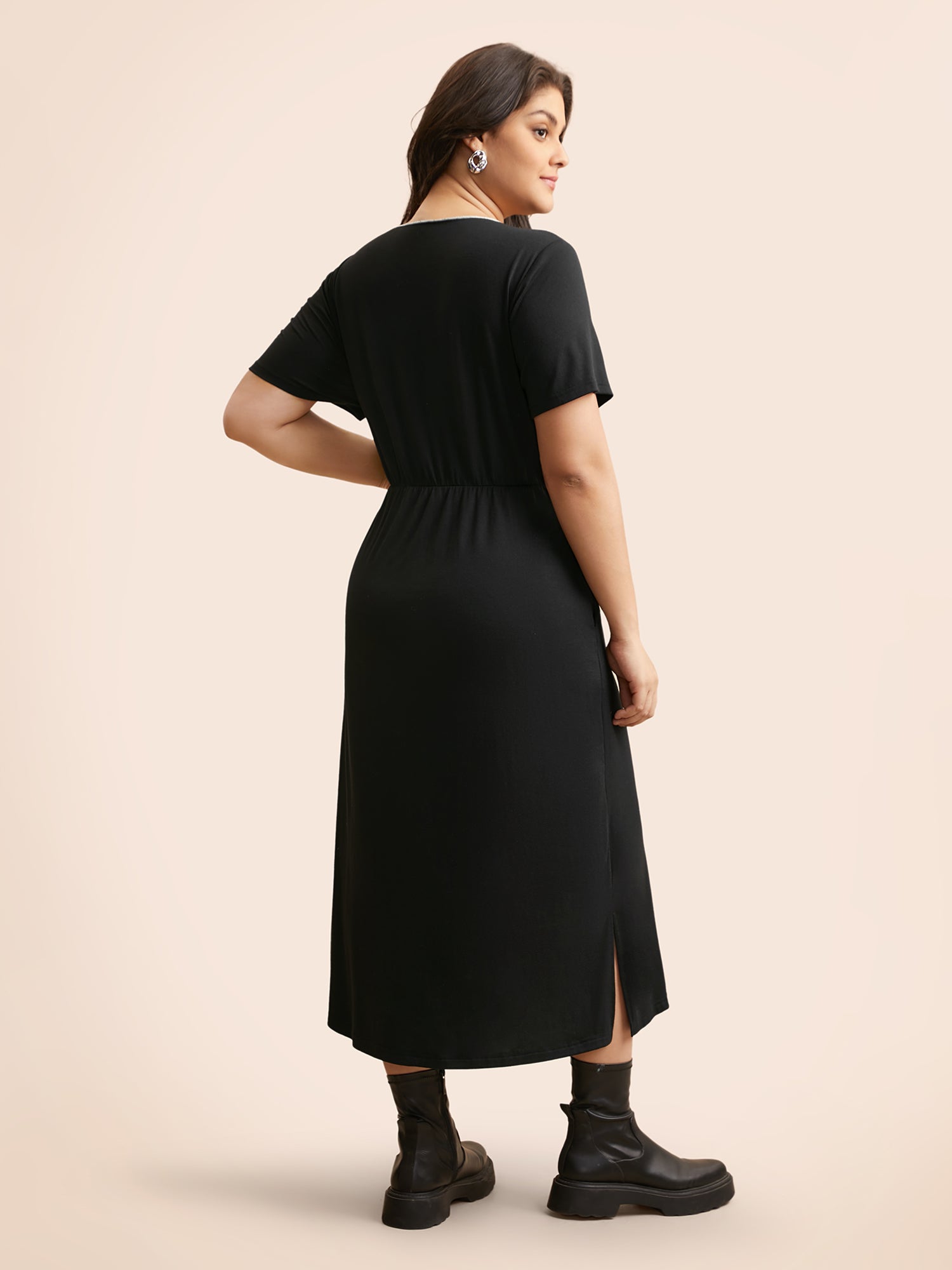 Round Neck Contrast Topstitching Slit Hem Dress