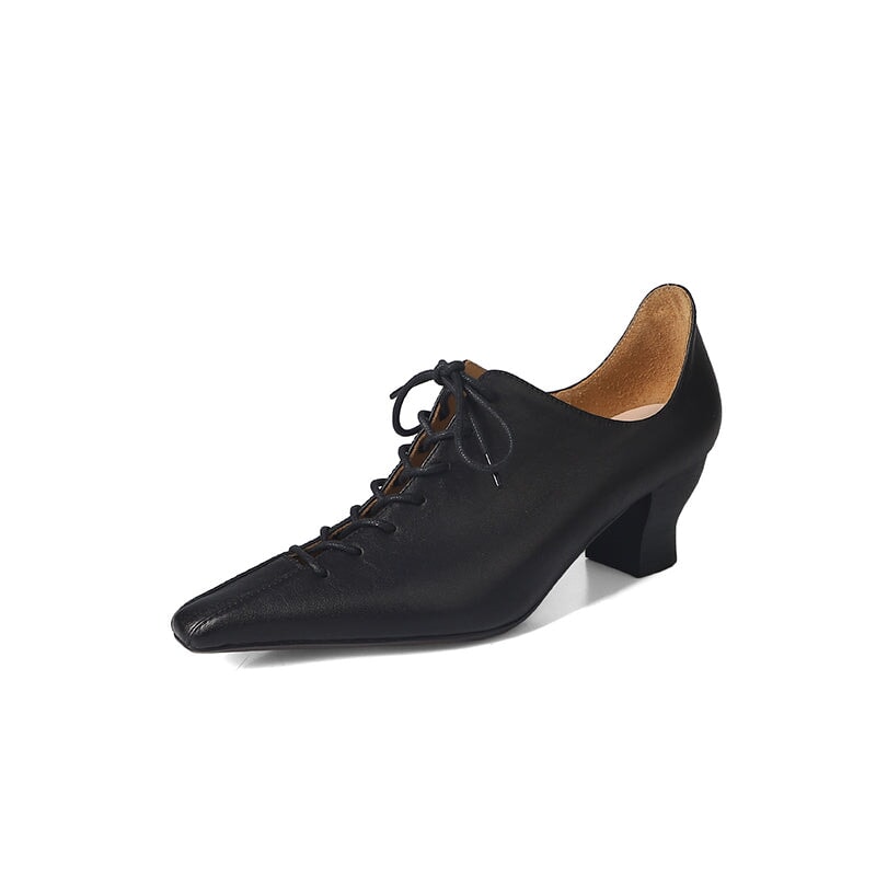 55mm Kitten Heel Cross Strap Horsehide Point Toe Oxford Tie Pumps in Beige/Black/Brown