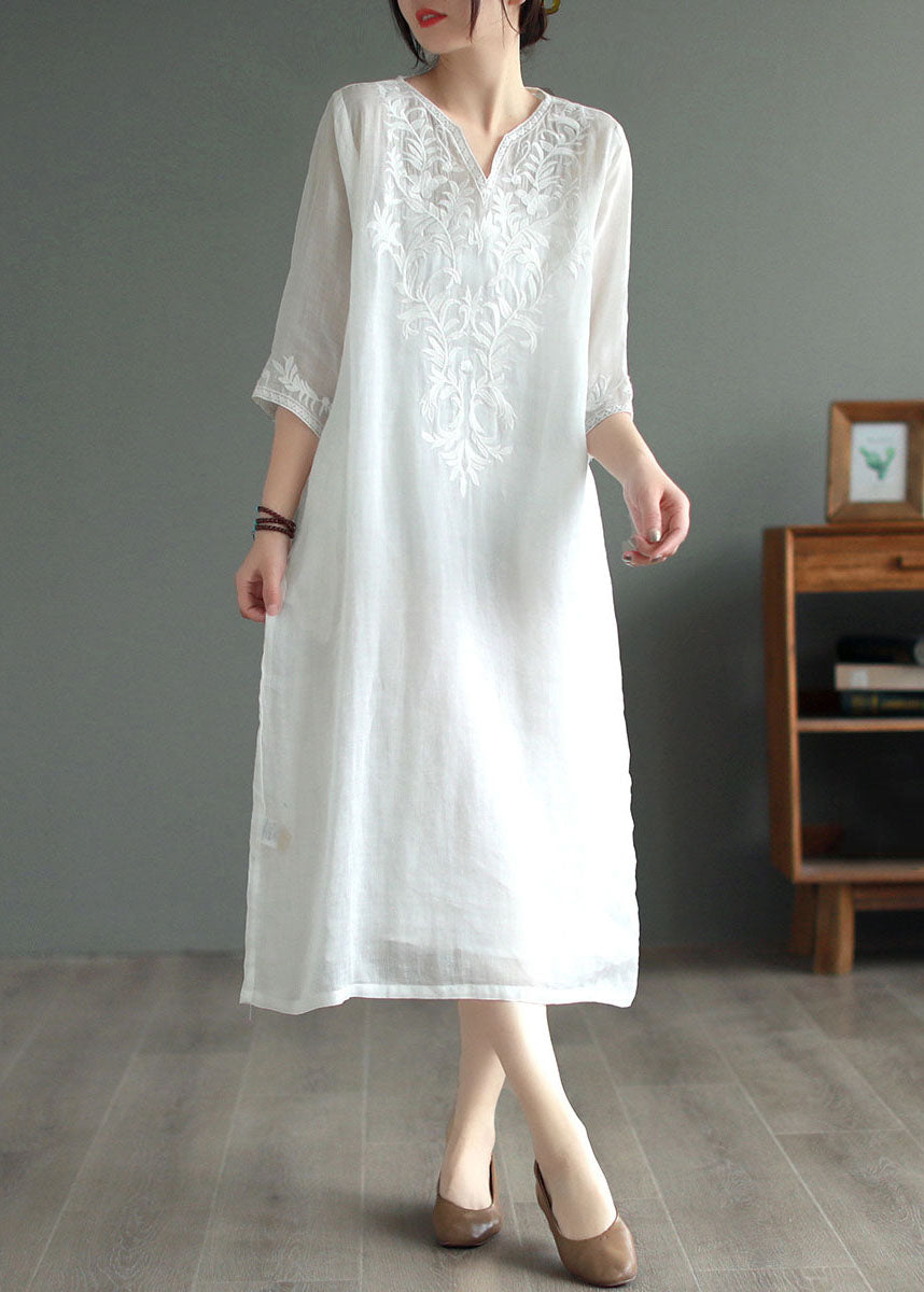 White Patchwork Linen Dresses V Neck Embroidered Bracelet Sleeve