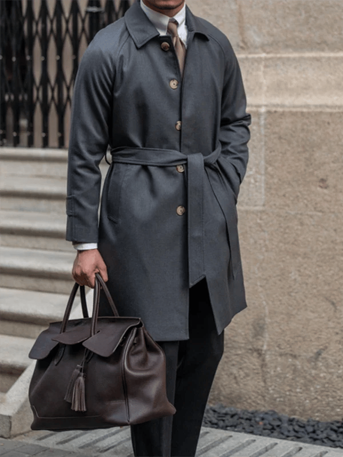 Men's Fashionable Open-Pocket Single-Breasted Design Casual Woolen Coat (Belt Included)