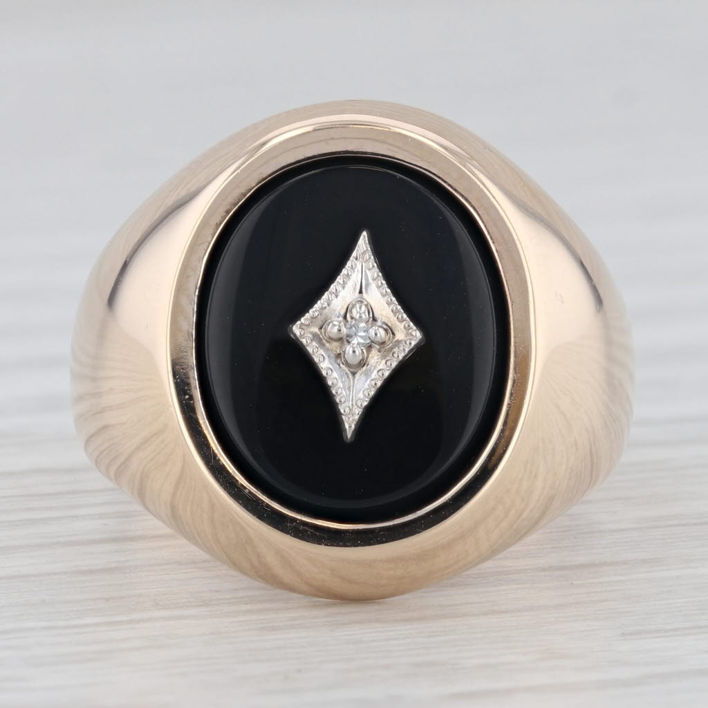 Diamond Onyx Signet Ring 10k Yellow Gold Men's Vintage Size 10