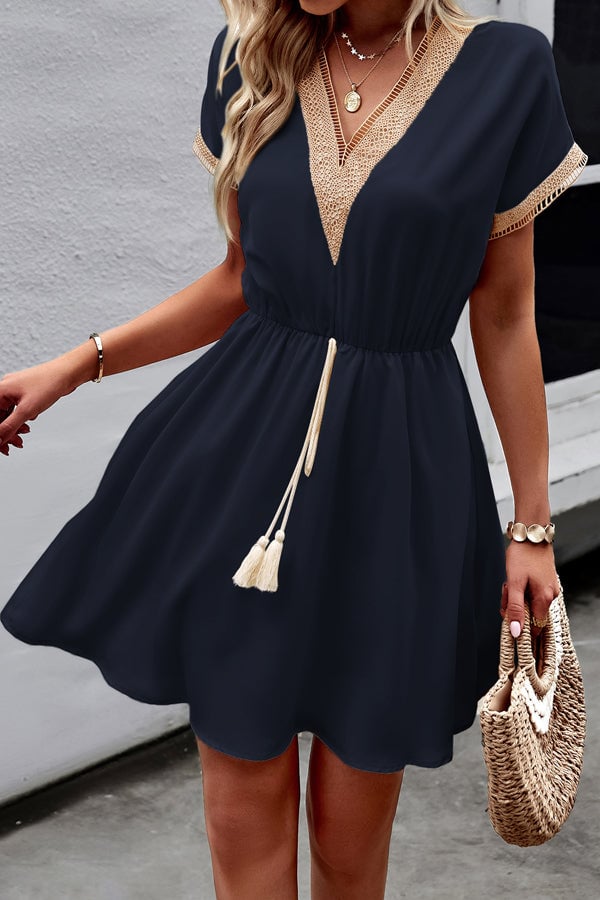 V Neck Drawstring Waist Mini Dress