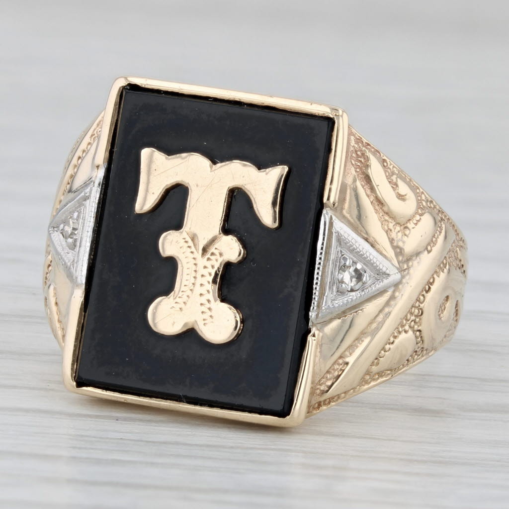 Letter Initial T Onyx Diamond Signet Ring 10k Yellow Gold Ornate Men's Size 9.75