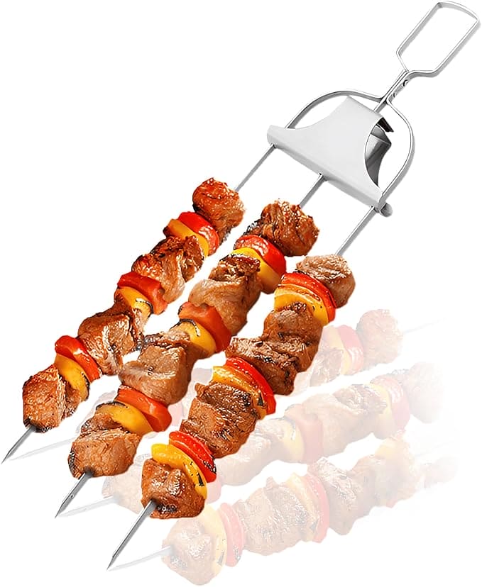 3-WAY STAINLESS STEEL BBQ SKEWER WITH PUSH ROD DESIGN (2 PIECES)