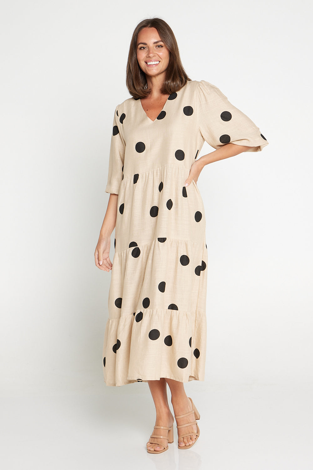 Eleanor Linen Dress - Beige/Black Spot