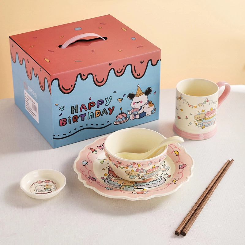 Cute Cartoon Ceramics Plate Bowl Mug 1 Set