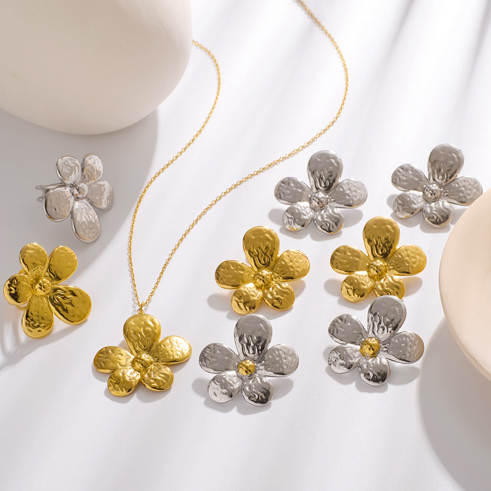 Multicolor Flower Jewelry Set Stainless Steel 18K Real Gold Pleated Women'S Necklace Earrings Ring