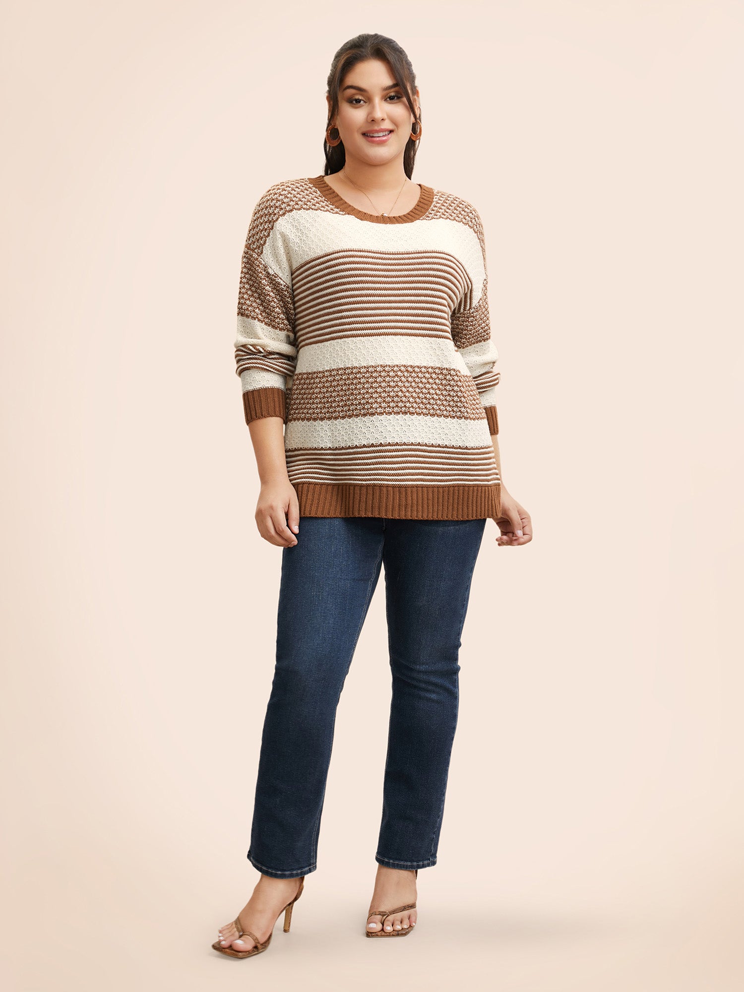 Round Neck Striped Patchwork Texture Pullover