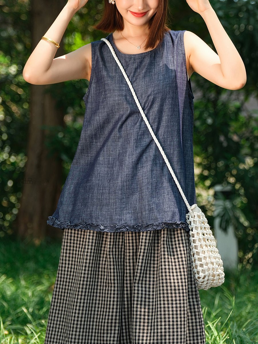 Women Summer Retro Pure Color O-Neck 100%Cotton Vest