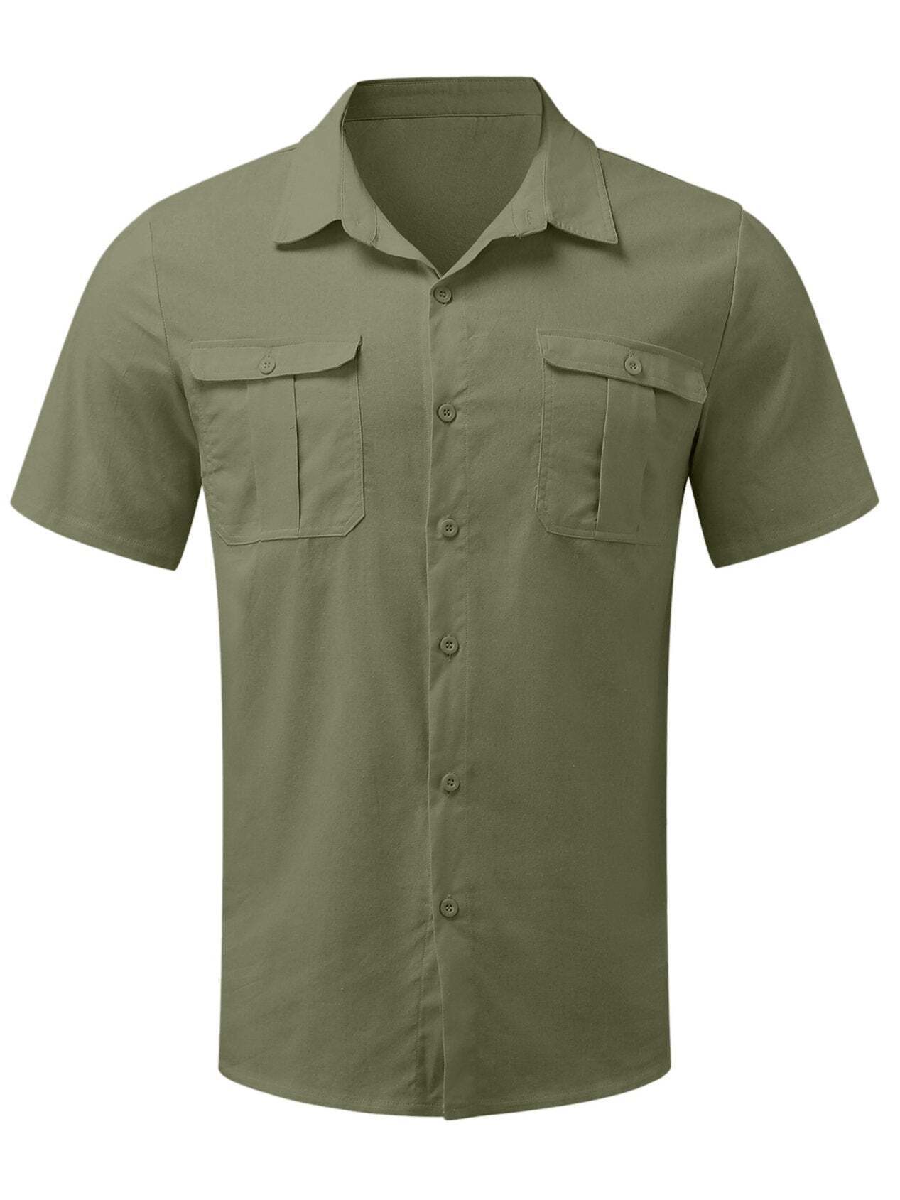 7-Pack Men's Shirts Double Pocket Cotton Linen Short Sleeve Shirts Casual Vacation Shirts