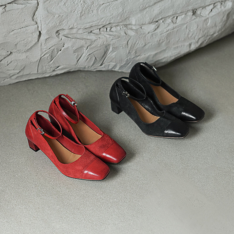 Elegant Washed Horsehide 45mm Block Heel Suede Mary Jane Shoes in Black/Red