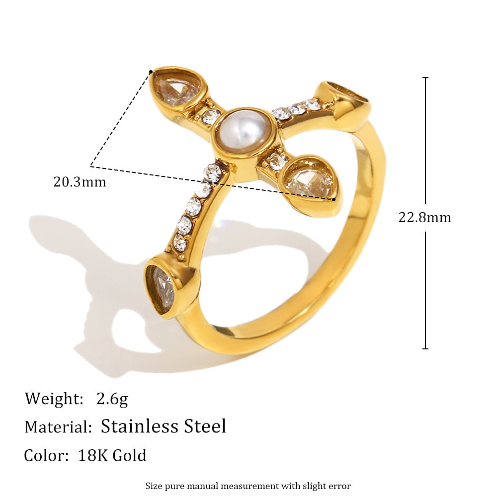 Fashionable Stainless Steel 18K Gold Plated Cross Zircon Five-Pointed Star Round Bead Braided Three-Layer Ring