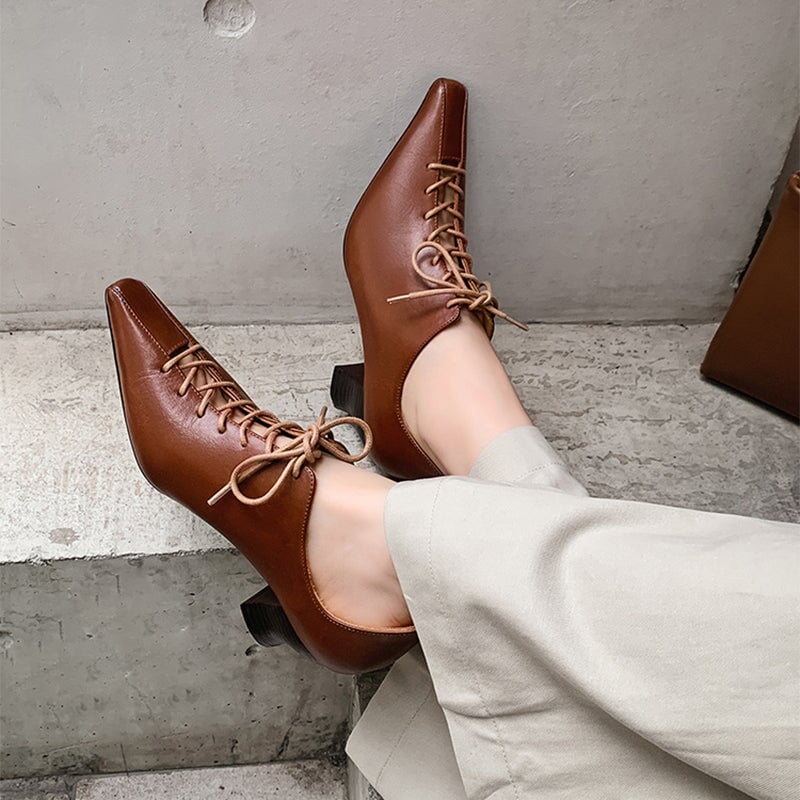 55mm Kitten Heel Cross Strap Horsehide Point Toe Oxford Tie Pumps in Beige/Black/Brown