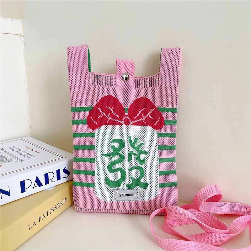 Women's Small Knit Cartoon Cute Bucket Lock Clasp Phone Wallets