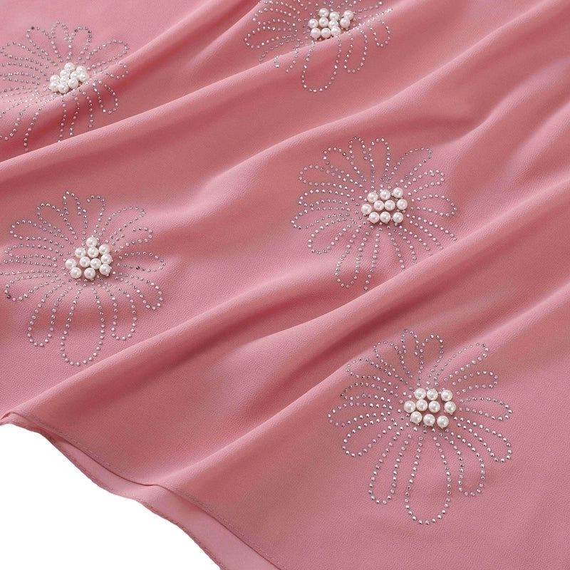 New Flower Hot Drilling Nail Bead Scarf Pearl Chiffon Muslim Scarf Middle East Hui Hijab Long Scarf